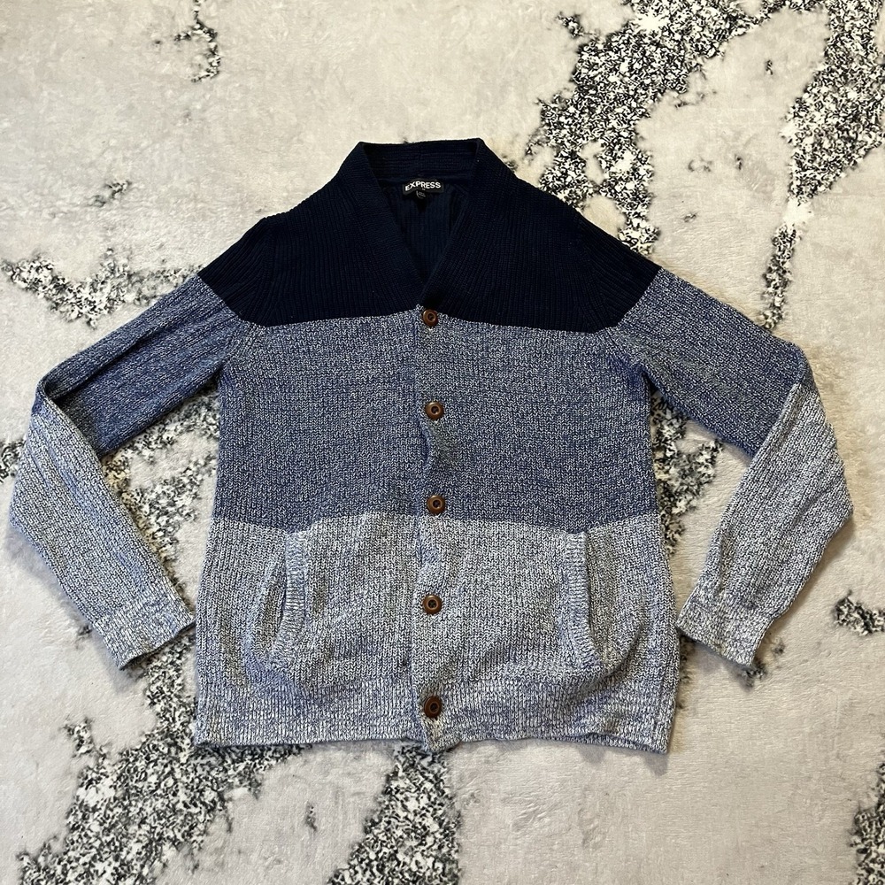 Express Sweater Mens Size Medium Blue Color Blocked Shawl Collar Cardigan Preppy